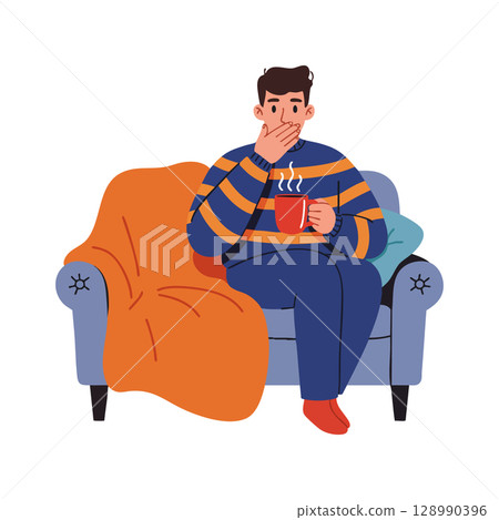 Man Sitting on Armchair Drinking Hot Beverage with Orange Blanket Cozy Scene Man Sitting on Armchair Drinking Hot Beverage with Orange Blanket Cozy Scene 128990396