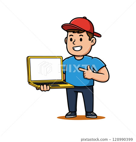 Boy in red cap holding and pointing at blank laptop screen vector illustration 128990399