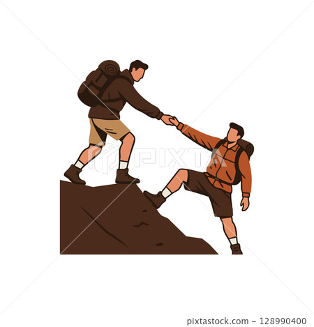 Two hikers helping each other climb mountain peak outdoor adventure teamwork support 128990400