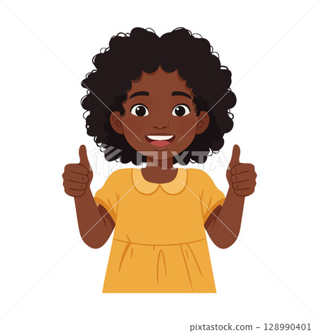 Cheerful girl showing thumbs up with curly hair in yellow dress vector illustration 128990401