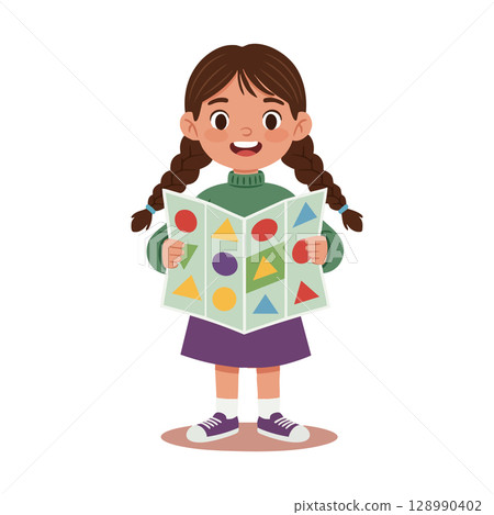 Little girl reading colorful geometric shapes book with pigtails and casual clothing vector illustration Little girl reading colorful geometric shapes book with pigtails and casual clothing vector illustration 128990402