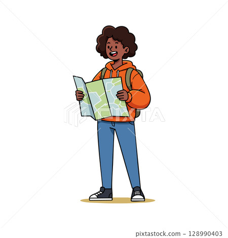 Young traveler holding map exploring with backpack in casual outfit vector illustration Young traveler holding map exploring with backpack in casual outfit vector illustration 128990403