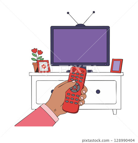 Hand Holding Red Remote Control in Front of Television and White Cabinet with Decorations Hand Holding Red Remote Control in Front of Television and White Cabinet with Decorations 128990404
