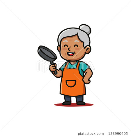 Elderly woman cooking with frying pan cheerful kitchen activity vector illustration 128990405