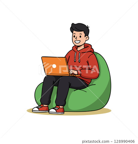 Young man sitting on green bean bag working on orange laptop casual lifestyle vector illustration Young man sitting on green bean bag working on orange laptop casual lifestyle vector illustration 128990406