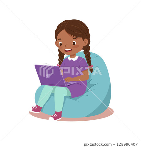 Girl using laptop sitting on bean bag comfortable casual learning vector illustration 128990407