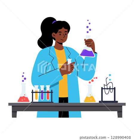 Female scientist working with colorful liquids in laboratory experiment vector illustration Female scientist working with colorful liquids in laboratory experiment vector illustration 128990408