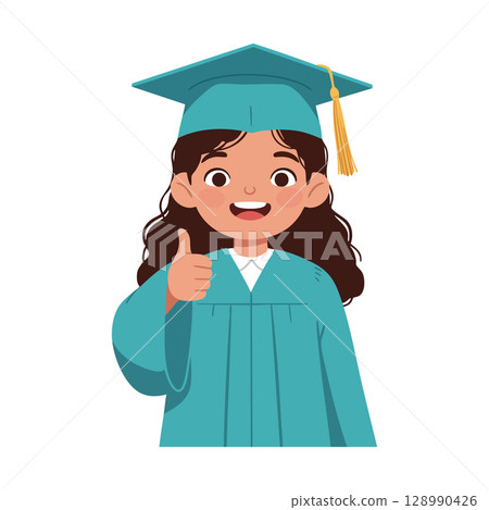 Female Graduate in Blue Cap and Gown Giving Thumbs Up Vector Illustration Female Graduate in Blue Cap and Gown Giving Thumbs Up Vector Illustration 128990426