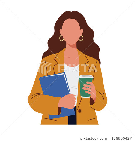 Businesswoman holding folder and coffee cup in brown jacket vector illustration 128990427