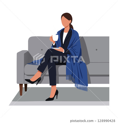 Woman wrapped in blue shawl sitting on gray sofa drinking coffee vector illustration 128990428