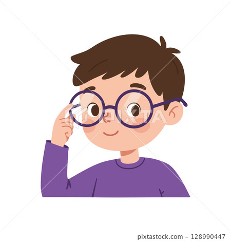Boy with glasses smiling and touching spectacles vector illustration in purple shirt Boy with glasses smiling and touching spectacles vector illustration in purple shirt 128990447