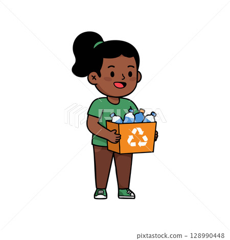 Girl Holding Recycling Box with Plastic Bottles Promoting Environmental Awareness and Sustainability Girl Holding Recycling Box with Plastic Bottles Promoting Environmental Awareness and Sustainability 128990448