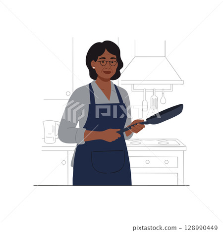Woman Cooking in Kitchen Holding Frying Pan Wearing Apron and Glasses Illustration Woman Cooking in Kitchen Holding Frying Pan Wearing Apron and Glasses Illustration 128990449