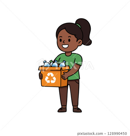 Girl Holding Recycling Box with Plastic Bottles Environmental Awareness Vector Illustration 128990450