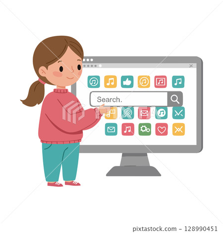 Girl using computer with colorful icons on screen searching internet vector illustration Girl using computer with colorful icons on screen searching internet vector illustration 128990451
