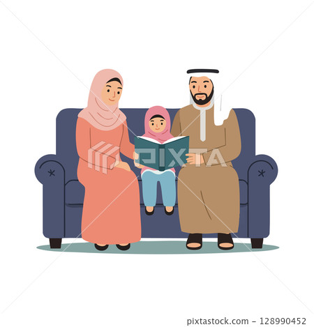 Muslim family reading book together on sofa in traditional clothing vector illustration Muslim family reading book together on sofa in traditional clothing vector illustration 128990452