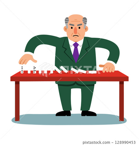 Angry businessman in green suit knocking down dominoes on table vector illustration Angry businessman in green suit knocking down dominoes on table vector illustration 128990453