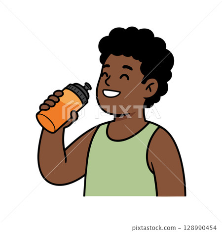 Young man drinking from orange sports bottle smiling in casual green tank top vector illustration 128990454