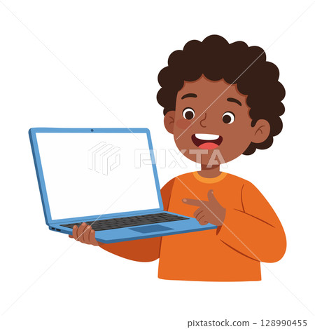 Boy holding blue laptop computer smiling happy technology device vector illustration Boy holding blue laptop computer smiling happy technology device vector illustration 128990455