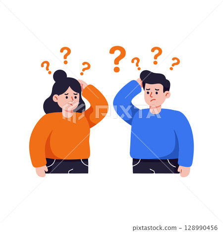 Confused man and woman scratching heads with question marks above vector illustration Confused man and woman scratching heads with question marks above vector illustration 128990456