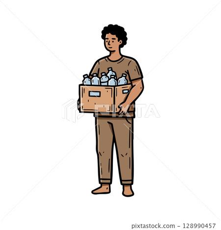 Man carrying cardboard box with bottles standing barefoot in casual clothes vector illustration Man carrying cardboard box with bottles standing barefoot in casual clothes vector illustration 128990457