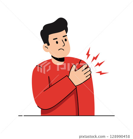 Man Wearing Red Shirt Holding Shoulder in Pain Illustration Vector Graphic 128990458