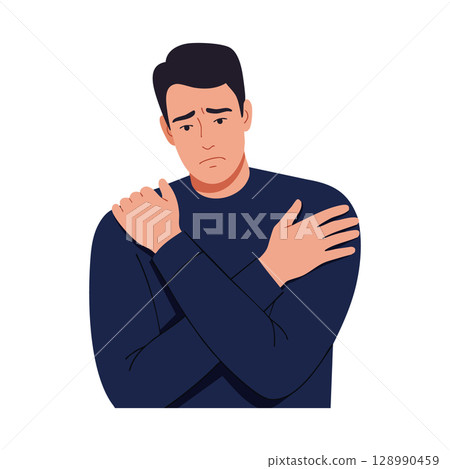 Man in navy blue sweater holding shoulders with sad expression vector illustration Man in navy blue sweater holding shoulders with sad expression vector illustration 128990459