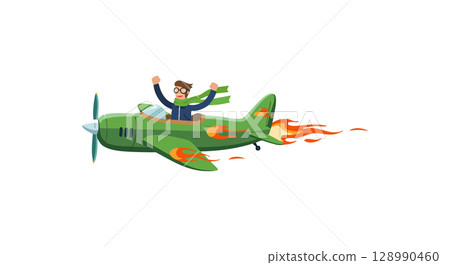 Man flying green vintage airplane with flames retro pilot illustration vector Man flying green vintage airplane with flames retro pilot illustration vector 128990460