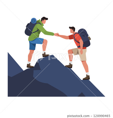 Two hikers helping each other climb mountain peak teamwork outdoor adventure vector Two hikers helping each other climb mountain peak teamwork outdoor adventure vector 128990465
