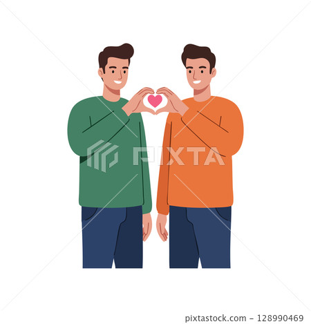 Two men making heart gesture with hands showing love and friendship vector illustration Two men making heart gesture with hands showing love and friendship vector illustration 128990469