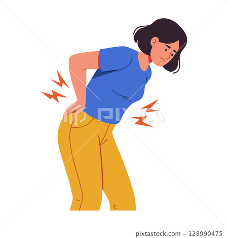 Woman Experiencing Lower Back Pain with Yellow Pants and Blue Shirt Vector Illustration Woman Experiencing Lower Back Pain with Yellow Pants and Blue Shirt Vector Illustration 128990475