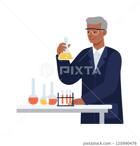 Scientist conducting chemical experiment in laboratory with glassware and test tubes vector illustration Scientist conducting chemical experiment in laboratory with glassware and test tubes vector illustration 128990476