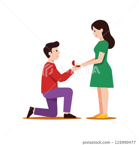 Couple in romantic proposal moment man kneeling giving ring woman in green dress vector illustration 128990477