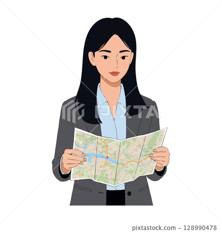 Woman in business suit holding city map navigation vector illustration Woman in business suit holding city map navigation vector illustration 128990478