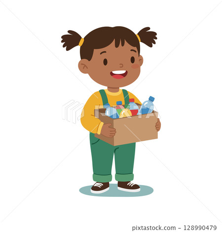 Young girl holding cardboard box with bottles smiling happy cheerful Young girl holding cardboard box with bottles smiling happy cheerful 128990479