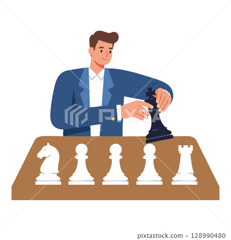 Man Playing Chess with Black and White Pieces on Brown Table Vector Illustration 128990480