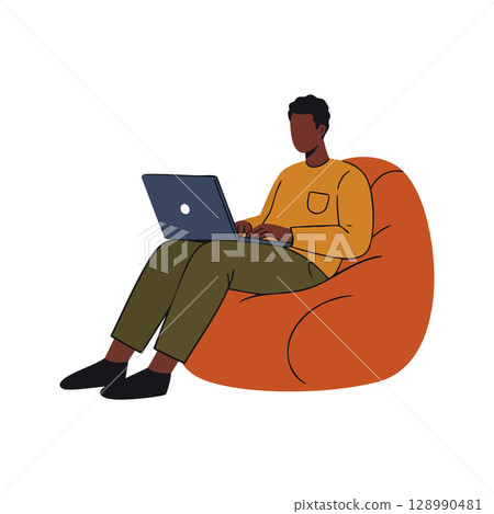 Young man working on laptop while sitting on orange bean bag chair vector illustration 128990481