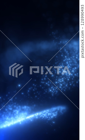 Flowing stream of soft blue light particles on a dark background, creating a cosmic and tranquil atmosphere 128990493