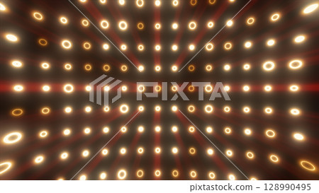Glowing golden-yellow rings form a symmetrical tunnel of light and shadow, evoking speed and futuristic energy 128990495