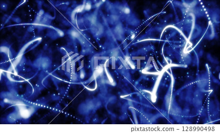 Abstract blue light trails and particles floating through a dark digital space in motion Abstract blue light trails and particles floating through a dark digital space in motion 128990498