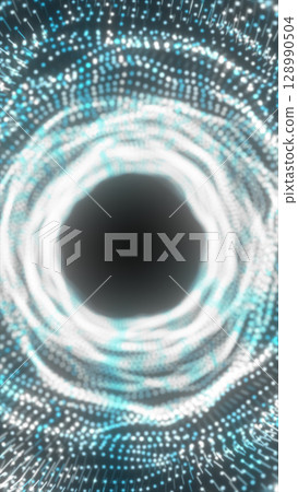 Circular portal-like structure made of glowing blue and white dots radiates around a black center 128990504
