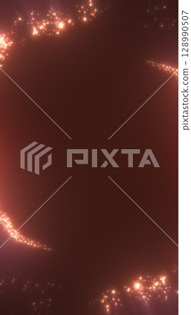 Vibrant glowing DNA spiral with scattered particles and empty space in the center 128990507