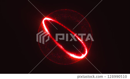 Abstract glowing red sphere with luminous ring on dark background, evoking futuristic or scientific energy themes 128990510