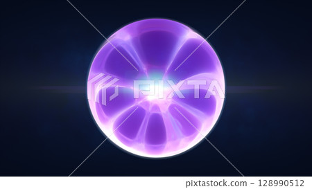 Glowing purple plasma sphere with intense center light, radiating energy on a dark background 128990512