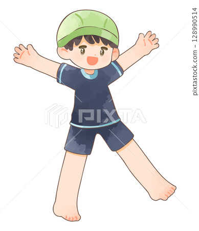 Boy in swimsuit raising his arms in the air Boy in swimsuit raising his arms in the air 128990514