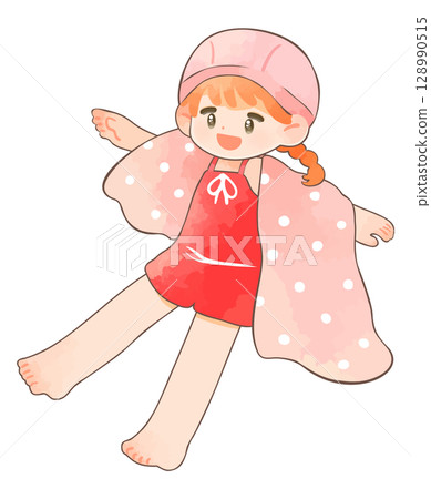 Child girl in swimsuit with towel draped over shoulder Child girl in swimsuit with towel draped over shoulder 128990515