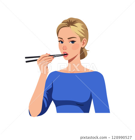 Woman Eating Food Using Chopsticks Illustration with Blonde Hair Blue Shirt Woman Eating Food Using Chopsticks Illustration with Blonde Hair Blue Shirt 128990527