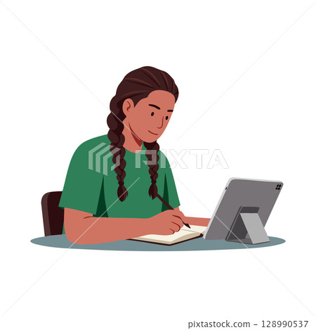 Young woman writing notes with tablet digital device at desk vector illustration Young woman writing notes with tablet digital device at desk vector illustration 128990537