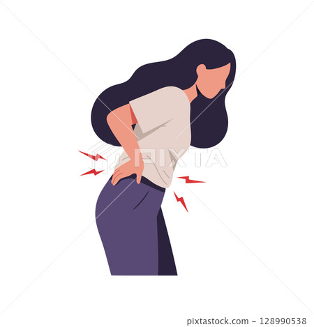 Woman Experiencing Lower Back Pain Illustration with Purple Pants and Beige Shirt Vector 128990538