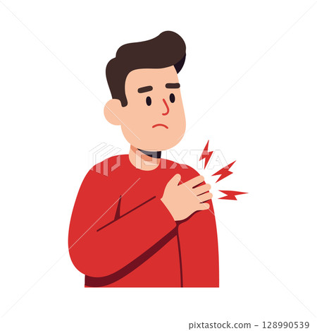 Man experiencing shoulder pain in red sweater vector illustration of discomfort and injury Man experiencing shoulder pain in red sweater vector illustration of discomfort and injury 128990539
